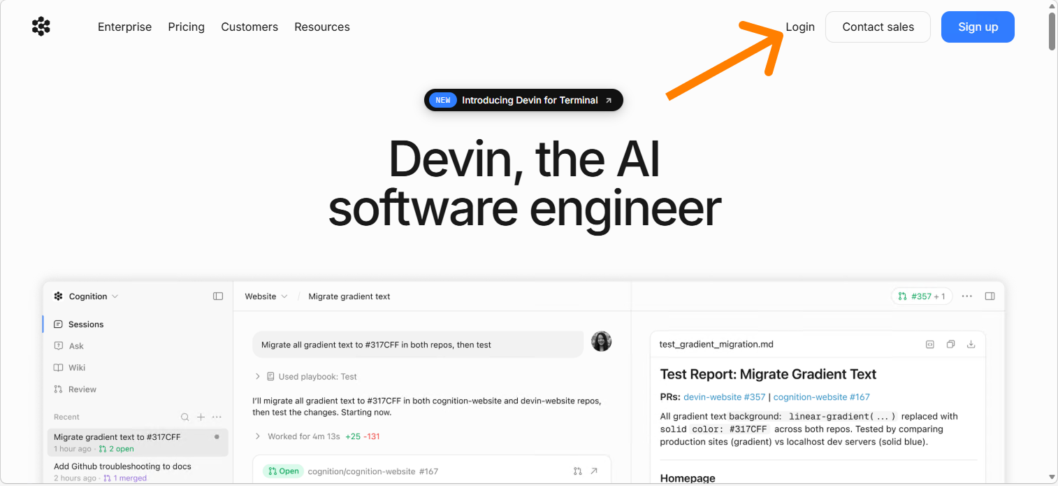 Главная devin.ai — кнопка Login справа