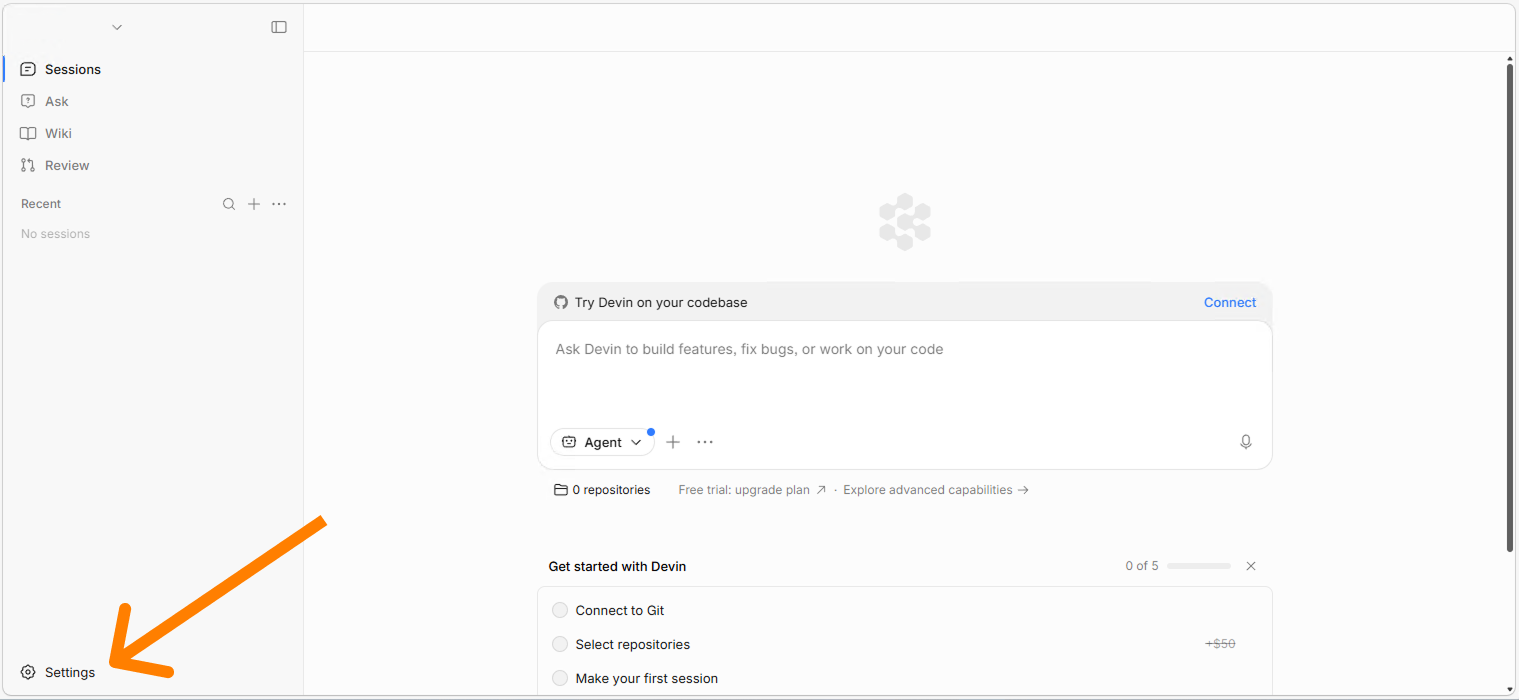 Главный экран Devin — пункт Settings внизу слева