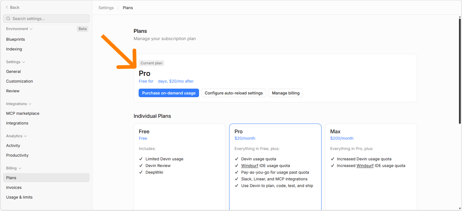 Plans — Current plan: Pro, Individual Plans Free / Pro / Max