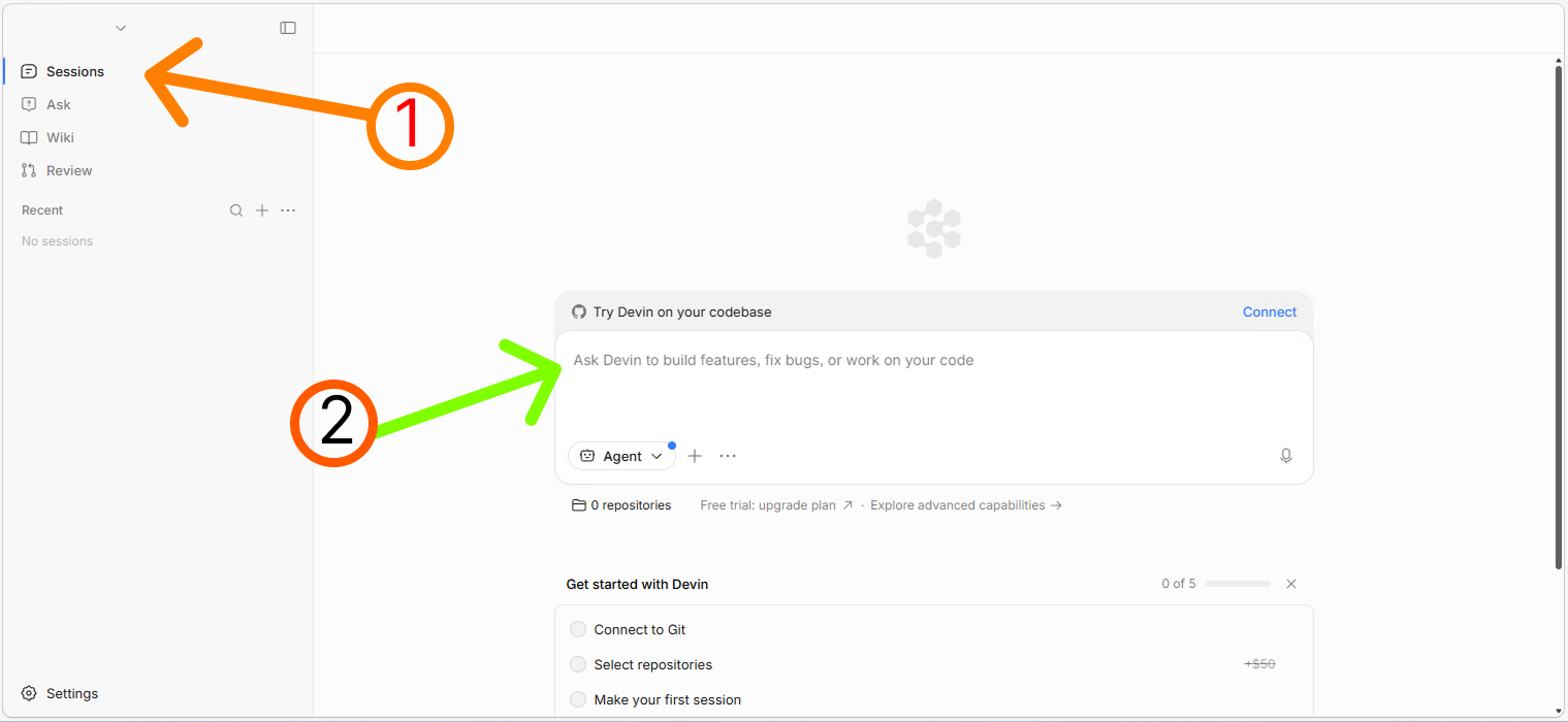 Главный экран Devin — Sessions и поле ввода задачи