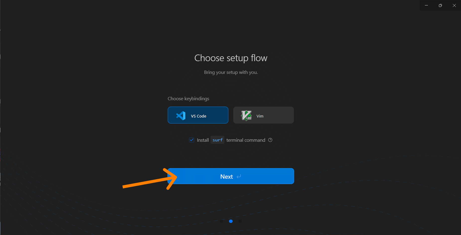 Choose setup flow — VS Code / Vim, Install surf, Next