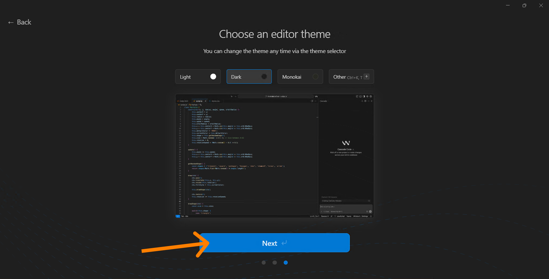 Choose an editor theme — Light/Dark/Monokai/Other