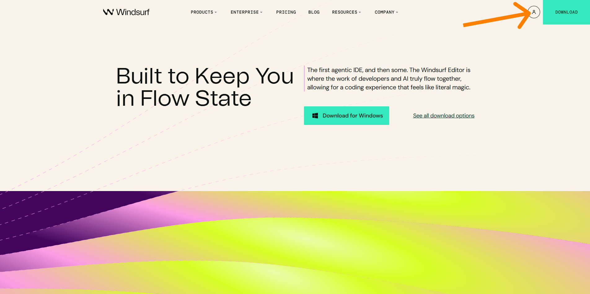 Главная страница windsurf.com — иконка входа