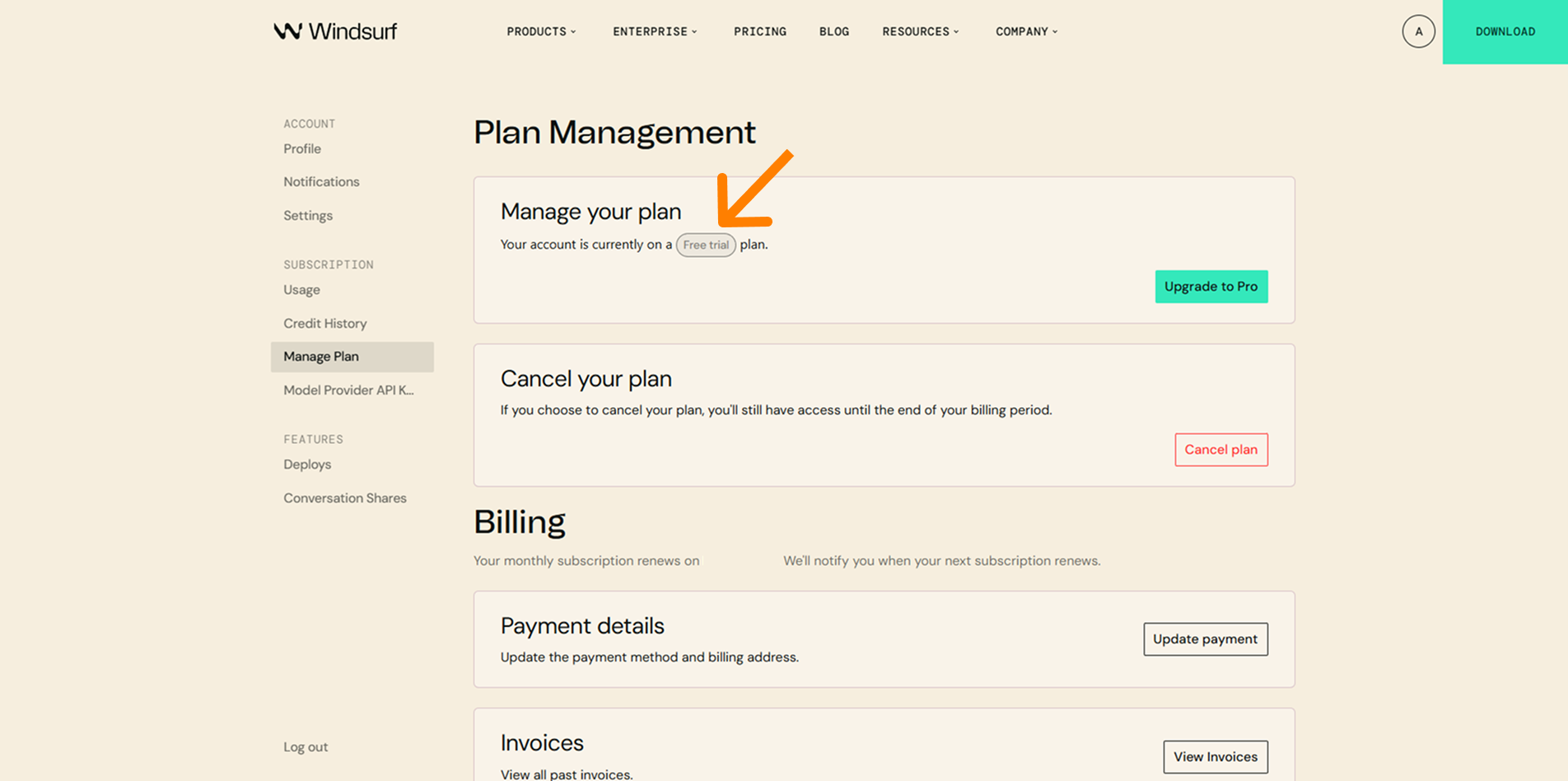 Plan Management — Free trial / Upgrade to Pro